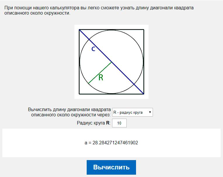 Вычислить длину диагонали квадрата описанного около окружности через R - радиус круга