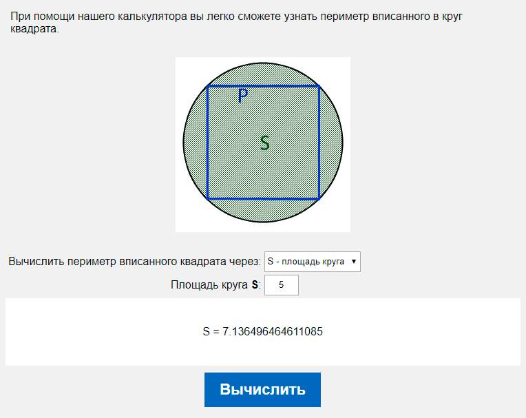 Вычислить периметр вписанного квадрата через S - площадь круга