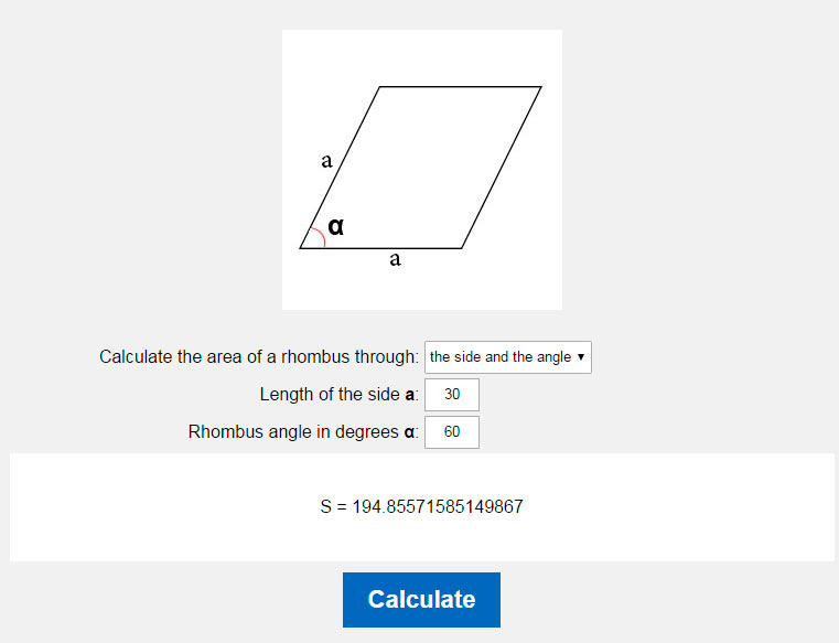 Calculate the area of a rhombus through the side and the angle