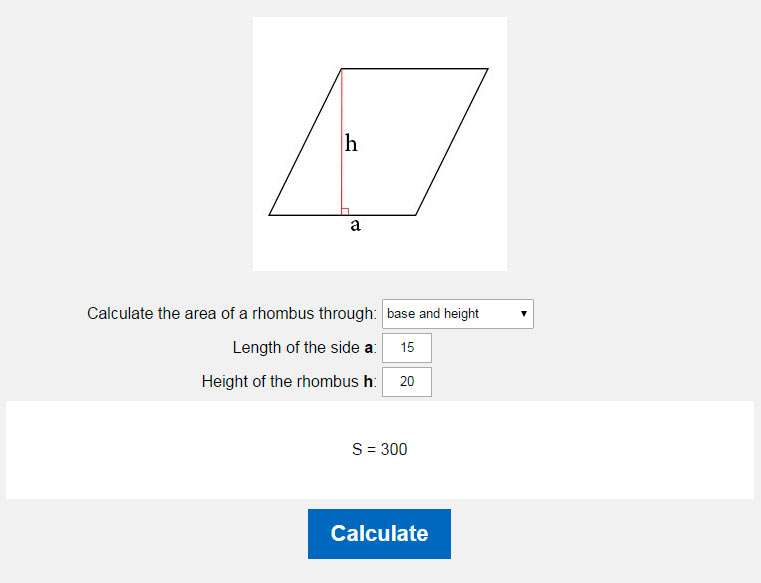 Calculate the area of a rhombus through the base and height