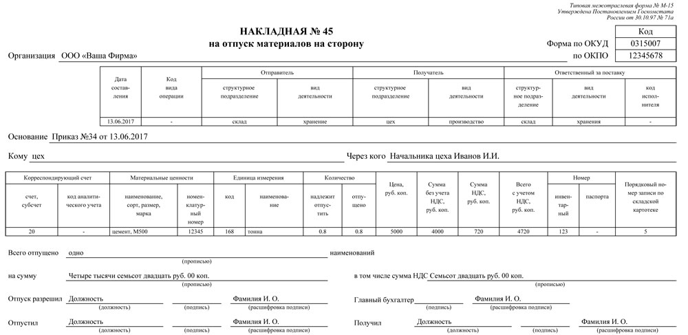 Образец накладной на отпуск материалов на сторону